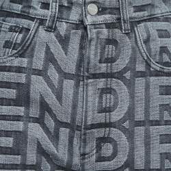 Pre Owned Fendi Grey Logo Embossed Denim High Waist Wide Leg Jeans XS Waist 26"