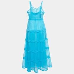 Pre Owned Fendi Blue Tulle Ruffle Trimmed Sleeveless Midi Dress S