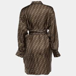 Pre Owned Fendi Brown FF Print Silk Belted Button Front Shirt Dress M