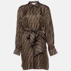 Pre Owned Fendi Brown FF Print Silk Belted Button Front Shirt Dress M