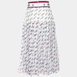 Pre Owned Fendi X Fila White Fendimania Print Silk Pleated Midi Skirt M
