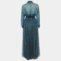 Pre Owned Fendi Blue Printed Silk Cut-Out Maxi Dress S