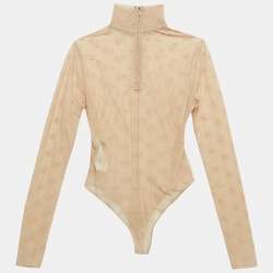 Fendi Beige Logo Embroidered Mesh Bodysuit S