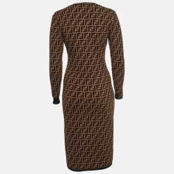 Pre Owned Fendi Brown Logo Intarsia Knit Midi Dress S