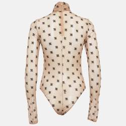 مملوكة مسبقًا Fendi Beige FF Embroidered Stretch Tulle Turtle Neck Bodysuit L