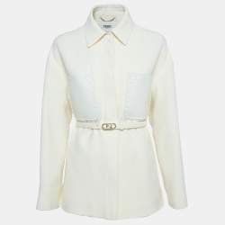 Pre Owned Fendi Off White Leather Trim Wool Belted Go-To Jacket S