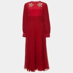 Fendi Red Silk Pleated Midi Dress M