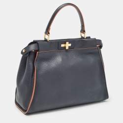 Fendi Navy Blue Leather Medium Peekaboo Top Handle Bag