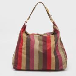 Pre Owned Fendi Multicolor Fabric and Leather Large Pequin Striped Hobo