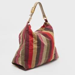 Pre Owned Fendi Multicolor Fabric and Leather Large Pequin Striped Hobo