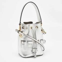Pre Owned Fendi SIlver Leather Mini Mon Tresor Drawstring Bucket Bag