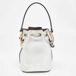 Pre Owned Fendi SIlver Leather Mini Mon Tresor Drawstring Bucket Bag