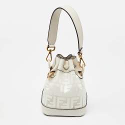 Pre Owned Fendi White Zucca PVC and Leather Mini Mon Tresor Drawstring Bucket Bag