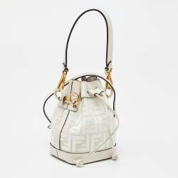 Pre Owned Fendi White Zucca PVC and Leather Mini Mon Tresor Drawstring Bucket Bag