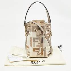 Pre Owned Fendi Beige Zucca Ricamo Canvas and Leather Mini Mon Tresor Bucket Bag