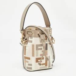 Pre Owned Fendi Beige Zucca Ricamo Canvas and Leather Mini Mon Tresor Bucket Bag