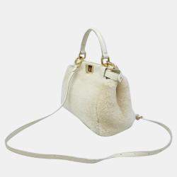 Fendi White Shearling Shiny Nappa Mini Peekaboo Iconic Satchel Bag