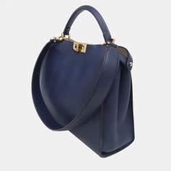 Pre Owned Fendi Navy Blue Leather Peekaboo Essentially Large Top Handle Bag