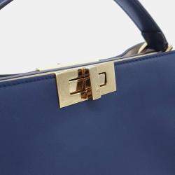 Pre Owned Fendi Navy Blue Leather Peekaboo Essentially Large Top Handle Bag