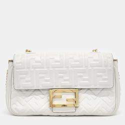 Fendi White Zucca Embossed Leather Baguette Bag 