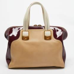 Pre Owned Fendi Red/Beige Patent and Leather Chameleon Satchel 