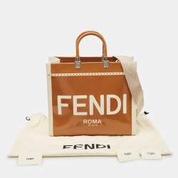 Pre Owned Fendi Brown/Off White Canvas and Patent Leather Medium Sunshine Shopper Tote
