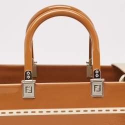 Pre Owned Fendi Brown/Off White Canvas and Patent Leather Medium Sunshine Shopper Tote