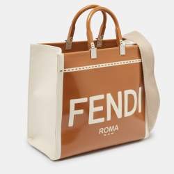 Pre Owned Fendi Brown/Off White Canvas and Patent Leather Medium Sunshine Shopper Tote