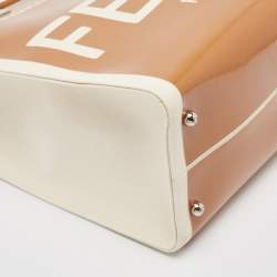 Pre Owned Fendi Brown/Off White Canvas and Patent Leather Medium Sunshine Shopper Tote