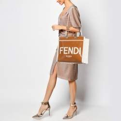 Pre Owned Fendi Brown/Off White Canvas and Patent Leather Medium Sunshine Shopper Tote