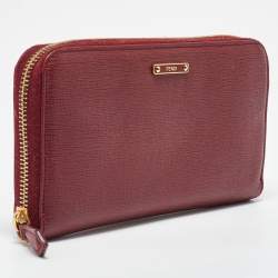 Pre Owned Fendi Red Leather Elite Zip Around Wallet