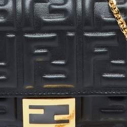 Fendi Black Zucca Embossed Leather Baguette Wallet on Chain