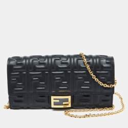 Fendi Black Zucca Embossed Leather Baguette Wallet on Chain