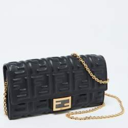 Fendi Black Zucca Embossed Leather Baguette Wallet on Chain