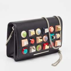 Pre Owned Fendi Black Leather Rainbow Stud Tube Wallet On Chain