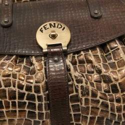 Pre Owned Fendi Metallic/Dark Brown Croc Effect Canvas Magic Satchel
