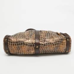 Pre Owned Fendi Metallic/Dark Brown Croc Effect Canvas Magic Satchel