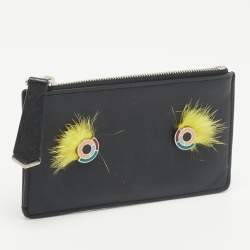 Fendi Black Leather and Mink Fur Monster Eyes Zip Card Holder