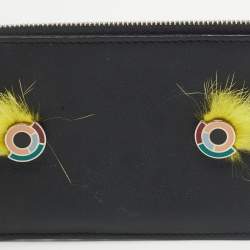 Fendi Black Leather and Mink Fur Monster Eyes Zip Card Holder