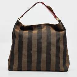 Pre Owned Fendi Tobacco/Red Canvas and Leather Large Pequin Striped Hobo