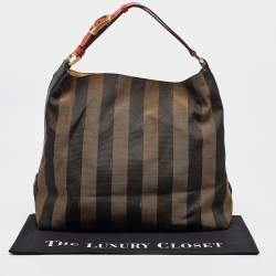 Pre Owned Fendi Tobacco/Red Canvas and Leather Large Pequin Striped Hobo