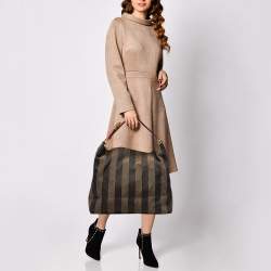 Pre Owned Fendi Tobacco/Red Canvas and Leather Large Pequin Striped Hobo