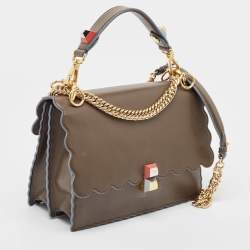 Pre Owned Fendi Dark Beige Leather Medium Scalloped Kan I Shoulder Bag