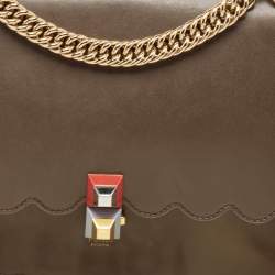Pre Owned Fendi Dark Beige Leather Medium Scalloped Kan I Shoulder Bag