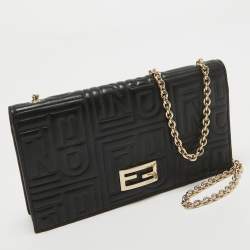 Pre Owned Fendi Black Embossed Leather Wallet On Chain