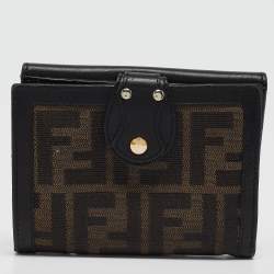 Pre Owned Fendi Black/Tobacco Zucca Canvas and Leather French Wallet