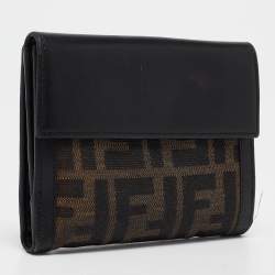 Pre Owned Fendi Black/Tobacco Zucca Canvas and Leather French Wallet