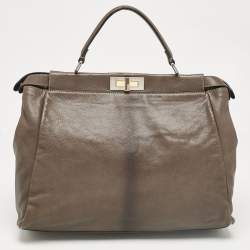 Fendi Grey Leather Large Peekaboo Top Handle Bag