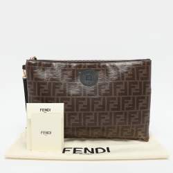 Fendi Brown FF Coated Canvas Large Zip Wristlet Clutch