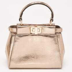 Fendi Rose Gold Lizard Patent Leather XS Iconic Peekaboo Top Handle Bag